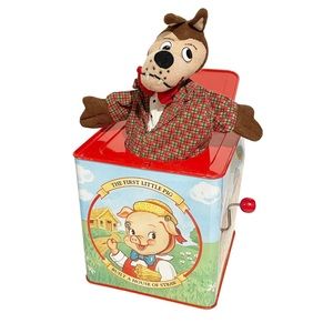 SCHYLLING Vintage Three Little Pigs Wolf Tin Music Box Crank Handle‎ Windup